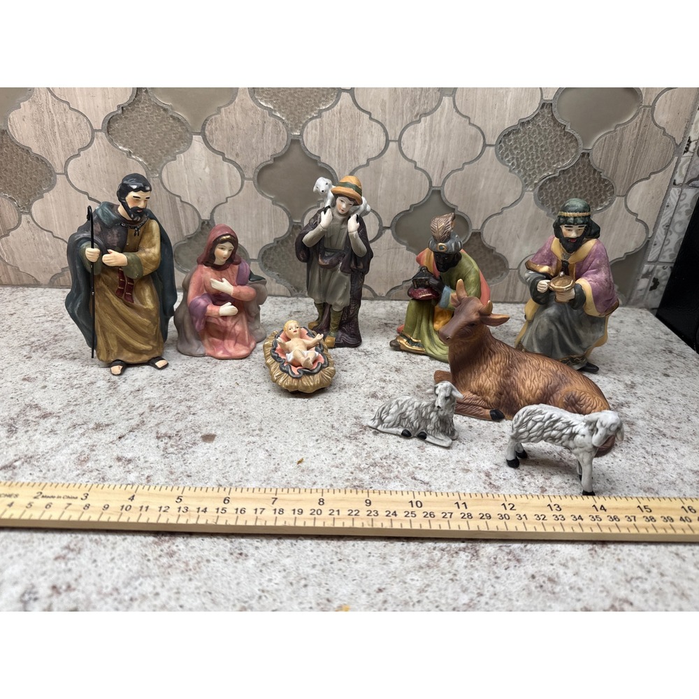 Vintage Porcelain Nativity Set 9 Piece Hand Painted Christmas Figurines Muted